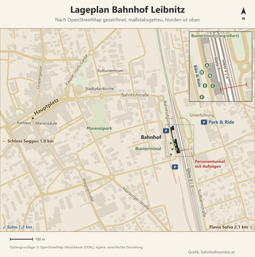 Lageplan mit Norden oben: Die Bahnsteige (Hausbahnsteig Gleis 1 und Mittelbahnsteig Gleis 2 | 3, verbunden durch einen Personentunnel mit Aufzügen) verlaufen von Nord nach Süd, westlich davon liegen das Bahnhofsgebäude und das Busterminal am Bahnhofgürtel mit den Steigen A bis F (im Ausschnitt vergrößert), östlich der Gleise ein großer Park-&-Ride-Platz. Über die Bahnhofstraße geht es westwärts zum Marenzipark und zum Hauptplatz mit Rathaus und Mariensäule; Randhinweise zeigen die Richtung zu Schloss Seggau, zur Sulm und nach Flavia Solva.