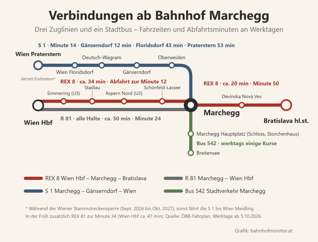 Liniengrafik: REX 8 zur Minute 12 nach Wien Hbf (ca. 34 min) und zur Minute 50 nach Bratislava (ca. 20 min), R 81 zur Minute 24 nach Wien Hbf (ca. 50 min), S 1 zur Minute 14 über Gänserndorf (12 min) nach Floridsdorf (43 min) und Praterstern (53 min), dazu Stadtbus 542 zum Hauptplatz und nach Breitensee