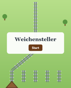 Vorschau des Minispiels Weichensteller: grüne Wiese mit einem Gleis, einer Weiche und fünf Zielgleisen, in der Mitte der Startknopf