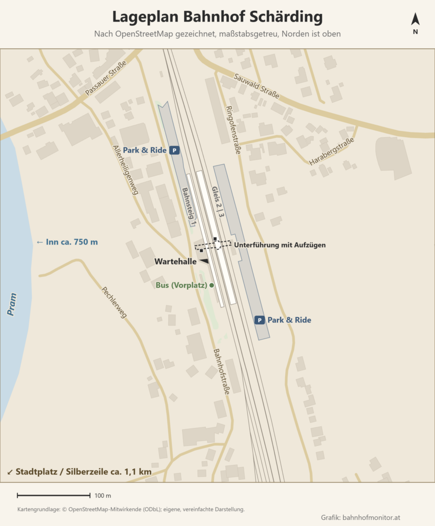 Lageplan des Bahnhofs Schärding, Norden oben: Bahnsteig 1 und der Inselbahnsteig mit den Gleisen 2 und 3 verlaufen von Nordnordwest nach Südsüdost, westlich davon liegen die kleine Wartehalle und die Bushaltestelle am Vorplatz an der Bahnhofstraße, eine Unterführung mit zwei Aufzügen quert die Gleise. Park-&-Ride-Flächen liegen nordwestlich der Bahnsteige an der Bahnhofstraße und östlich der Gleise; am linken Rand fließt die Pram, Hinweise zeigen zum Inn (ca. 750 m westlich) und zum Stadtplatz mit der Silberzeile (ca. 1,1 km südwestlich).