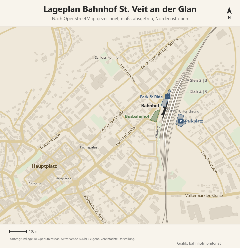 Maßstabsgetreuer Lageplan, Norden oben: Die Gleise verlaufen von Nordnordost nach Südsüdwest am Ostrand der Stadt, mit dem Hausbahnsteig (Gleis 1) und den Mittelbahnsteigen 2/3 und 4/5, verbunden durch eine Unterführung zur Ostseite. Westlich der Gleise liegen das Bahnhofsgebäude am Karl-Wagner-Platz, davor der Busbahnhof, nördlich der Park-&-Ride-Platz; ein weiterer Parkplatz liegt östlich der Gleise. Der Hauptplatz mit Rathaus und Pfarrkirche liegt im Südwesten des Plans.