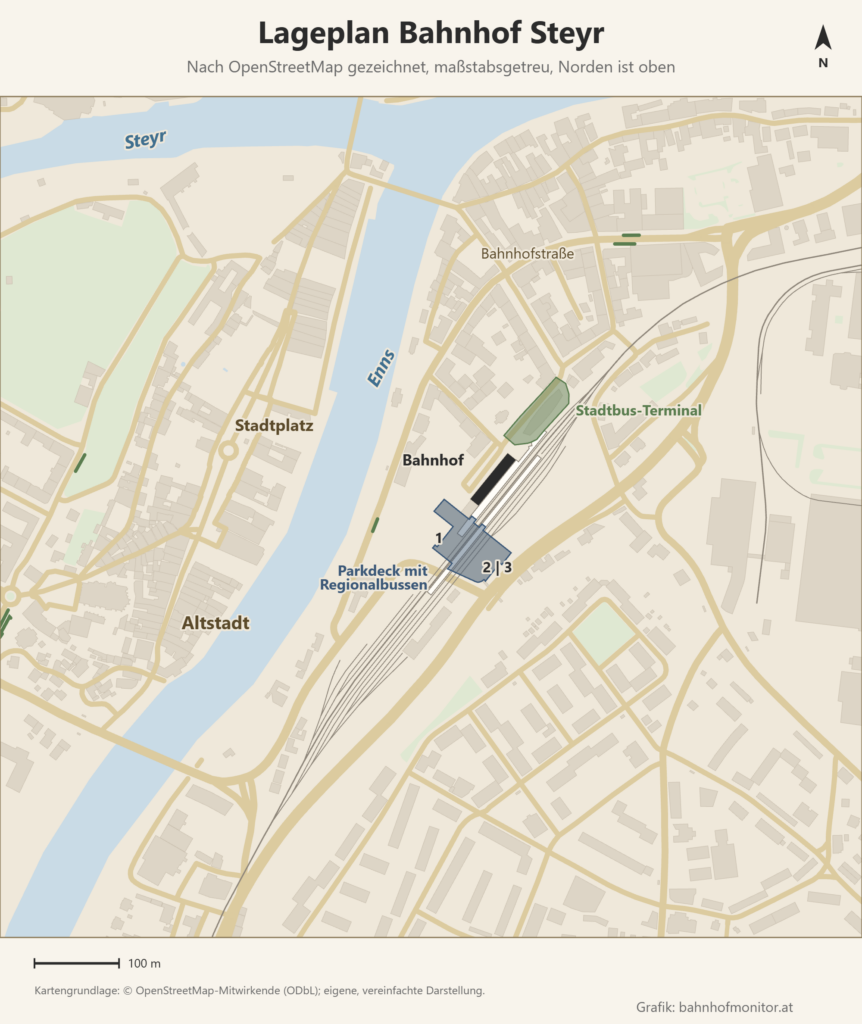 Maßstabsgetreuer Lageplan des Bahnhofs Steyr nach OpenStreetMap, Norden oben: schräg von Südwesten nach Nordosten der Hausbahnsteig 1 und der Mittelbahnsteig 2 und 3; westlich davon das Bahnhofsgebäude, nordöstlich das Stadtbus-Terminal, über den Gleisen im Südwesten das Parkdeck mit den Regionalbussen; westlich die Enns, jenseits davon die Altstadt mit dem Stadtplatz, im Nordwesten die Mündung der Steyr.
