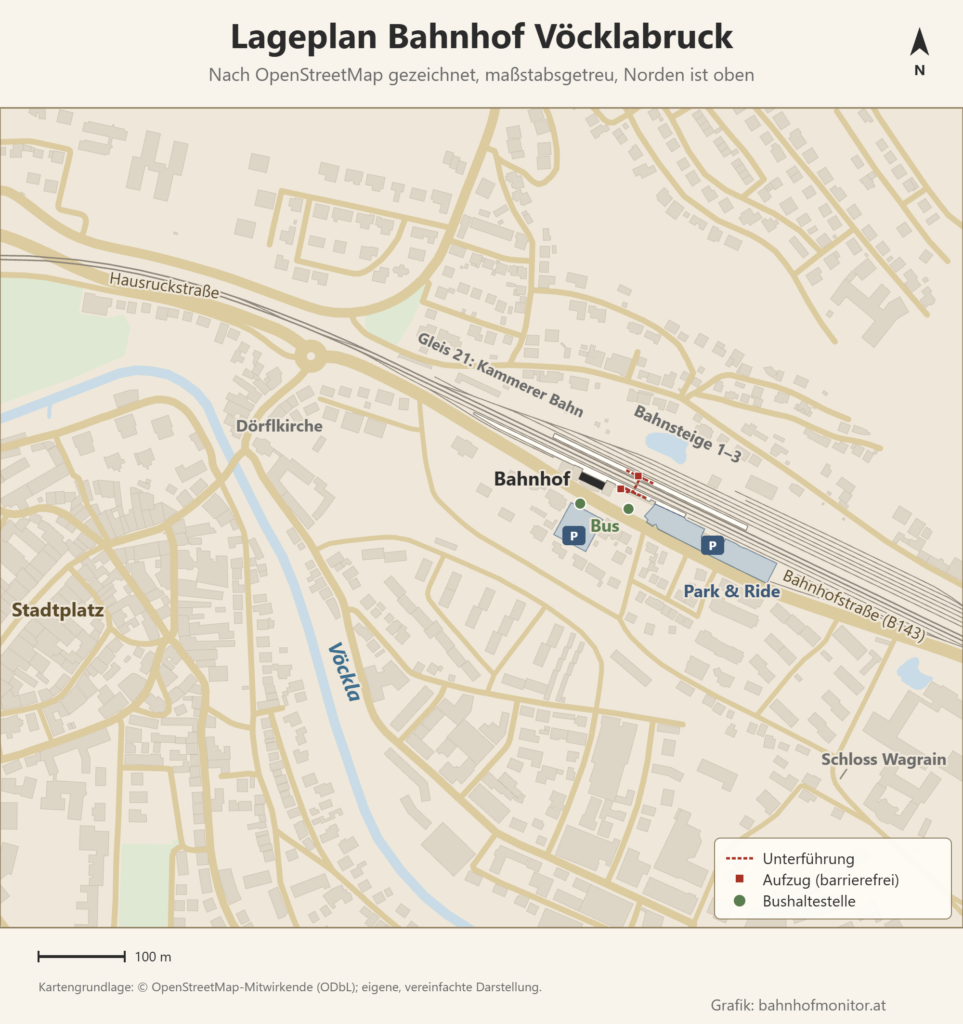 Lageplan des Bahnhofs Vöcklabruck, Norden oben: Die Gleise verlaufen von Nordwesten nach Südosten, die Bahnsteige 1–3 und das Stumpfgleis 21 der Kammerer Bahn liegen nördlich der Bahnhofstraße (B143), das Bahnhofsgebäude direkt am Hausbahnsteig, eine Unterführung mit zwei Aufzügen führt zum Mittelbahnsteig. Vor dem Gebäude liegen zwei Bushaltestellen und ein Parkplatz, südöstlich die Park-&-Ride-Anlage; westlich fließt die Vöckla, dahinter liegt der Stadtplatz, im Südosten Schloss Wagrain.