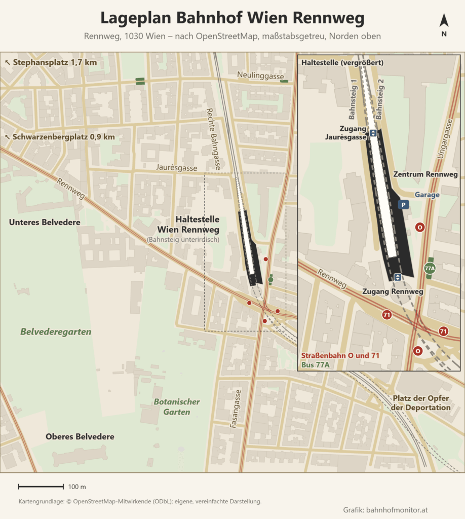 Lageplan der Haltestelle Wien Rennweg, Norden oben: Der unterirdische Mittelbahnsteig mit den Bahnsteigen 1 und 2 liegt unter dem Zentrum Rennweg zwischen Rennweg und Jaurèsgasse; Zugänge mit Aufzug gibt es am Rennweg und Richtung Jaurèsgasse. An der Kreuzung Rennweg/Ungargasse/Fasangasse halten die Straßenbahnen O und 71 und der Bus 77A, westlich liegen Unteres und Oberes Belvedere mit dem Belvederegarten, im Südosten der Platz der Opfer der Deportation.